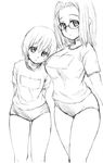  age_difference arms_behind_back asanagi bangs breasts buruma child flat_chest frown glasses greyscale gym_uniform hitotsubashi_yurie kamichu! large_breasts leaning looking_at_viewer monochrome multiple_girls shijou_mitsue short_hair simple_background sketch standing thighs white_background 