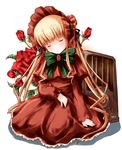  blonde_hair dress flower long_hair long_sleeves red_dress red_flower red_rose rose rozen_maiden shinku shinshin sleeping solo 