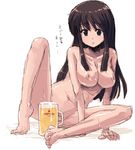  alcohol arm_support barefoot beer beer_mug breasts brown_eyes brown_hair copyright_request large_breasts leaning_to_the_side long_hair looking_at_viewer navel nipples nude oekaki onija_tarou sidelocks simple_background sitting sketch solo sweat tears translated transparent white_background 