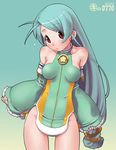  ahoge aqua_hair bare_shoulders breasts covered_nipples detached_sleeves earrings far-c head_tilt jewelry kei_jiei long_hair long_sleeves looking_at_viewer medium_breasts no_panties original red_eyes solo standing star very_long_hair wide_sleeves 