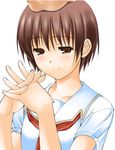  big_wednesday brown_eyes brown_hair hand_on_another's_head interlocked_fingers original school_uniform short_hair solo_focus 