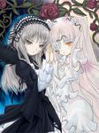  black_dress dress flower flower_eyepatch frills gathers gothic gothic_lolita hairband kirakishou lace lolita_fashion multiple_girls orange_eyes otoufu pink_hair plant purple_eyes red_flower red_rose rose rozen_maiden silver_hair suigintou vines white_dress white_flower white_rose 