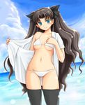  beach bikini black_hair black_legwear blue_eyes cloud day fate/stay_night fate_(series) long_hair open_clothes open_shirt outdoors ryp shirt solo swimsuit thighhighs toosaka_rin two_side_up undressing very_long_hair 
