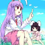  :d :o amulet animal_ears bangs barefoot between_thighs black_hair blush_stickers bunny_ears cherry_blossoms cloud day dress dress_shirt flower grass inaba_tewi knees_together_feet_apart long_hair long_sleeves lowres miniskirt multiple_girls necktie oekaki open_mouth outdoors petals pink_dress purple_eyes purple_hair red_neckwear reisen_udongein_inaba shirt short_hair sidelocks sitting skirt sky smile sys_(suisei) touhou very_long_hair wariza 
