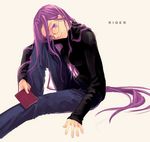  book casual fate/stay_night fate_(series) glasses long_hair long_sleeves lowres purple_eyes purple_hair rider solo sorato very_long_hair 