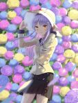  1girl angel_beats! bangs blush breasts eyebrows_visible_through_hair flower hair_between_eyes hat highres holding holding_hat key_(company) long_hair long_sleeves looking_at_viewer open_mouth petals sayuui school_uniform silver_hair skirt small_breasts smile solo standing tenshi_(angel_beats!) yellow_eyes 