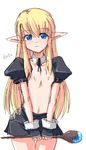  blonde_hair blue_eyes cowboy_shot detached_collar detached_sleeves elf fingerless_gloves flat_chest gloves inverted_nipples lineage long_hair looking_at_viewer navel nipples oekaki onija_tarou pointy_ears puffy_detached_sleeves puffy_sleeves sidelocks simple_background sketch smile solo thigh_gap topless v_arms very_long_hair wand white_background 