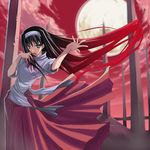  black_hair blood blood_on_fingers bloody_clothes blue_eyes bow full_moon gradient_hair hairband japanese_clothes long_hair long_skirt moon multicolored_hair night red_hair red_skirt red_sky shingo_(missing_link) skirt sky solo toono_akiha tsukihime wind wind_lift 