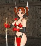  3d animated animated_gif armor bikini_armor bouncing_breasts breasts brown_hair cleavage dancing dragon_quest dragon_quest_iii dragon_quest_viii elbow_gloves gloves jessica_albert loincloth lowres medium_breasts midriff oppai_oppai red_armor soldier_(dq3) solo sword tiara twintails weapon wide_hips 