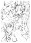  2girls ayase_shinomu bangs bike_shorts braid carmen99 cowboy cowboy_hat dress fingerless_gloves gloves greyscale gunxsword hair_bobbles hair_ornament hand_on_hip hat jewelry kameo long_hair monochrome multiple_girls necklace pointing short_hair sketch smile traditional_media turtle twin_braids van_(gunxsword) wendy_garrett western 