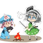  &gt;:) :t =_= blood blue_eyes blush bow campfire closed_eyes eating fan fire folding_fan hair_bow hat katana konpaku_youmu konpaku_youmu_(ghost) multiple_girls nagare pink_hair saigyouji_yuyuko silver_hair smile sweatdrop sword tears touhou trembling v-shaped_eyebrows weapon 