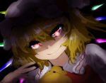  bad_id bad_pixiv_id blonde_hair close-up dark flandre_scarlet glowing glowing_eyes hat hyudora red_eyes sketch smirk solo touhou 