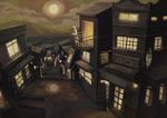  bad_pixiv_id banned_artist barber_pole faux_traditional_media full_moon kumaori_jun light moon moonlight night original perspective reflection road scenery school_uniform solo street town 