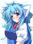 alternate_hairstyle animal_ears blue_eyes blue_hair bow breasts cat_ears cirno highres kemonomimi_mode large_breasts long_hair lozelia older ribbon solo touhou wings 