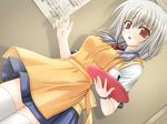  1girl apron game_cg kusaka_fujino red_eyes school_festa silver_hair solo tray 