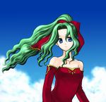  1girl 74 bare_shoulders blue_eyes detached_sleeves female final_fantasy final_fantasy_vi green_hair long_hair outdoors ponytail red_ribbon ribbon sky solo tina_branford 