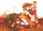  :d aki_minoriko aki_shizuha apple autumn autumn_leaves barefoot blonde_hair feet food fruit grapes hair_ornament hat hug leaf leaf_hair_ornament multiple_girls open_mouth pear pumpkin red_eyes short_hair siblings sisters smile touhou weee_(raemz) yellow_eyes 