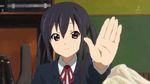  animated animated_gif black_hair brown_eyes dexterity_exercise fingers hands k-on! long_hair lowres nakano_azusa neck_ribbon red_ribbon ribbon salute school_uniform screencap solo twintails vulcan_salute 