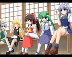  closed_eyes cross_(crossryou) cup dango food green_tea hakurei_reimu hat izayoi_sakuya kirisame_marisa kochiya_sanae konpaku_youmu konpaku_youmu_(ghost) letterboxed mary_janes multiple_girls open_mouth sanshoku_dango shoes sitting skewer socks surprised tea touhou veranda wagashi witch_hat yunomi 