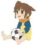  1boy ball barefoot brown_hair child cute endou_mamoru full_body inazuma_eleven inazuma_eleven_(series) male_focus shota simple_background soccer_ball solo white_background 