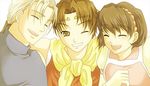  1girl 2boys blonde_hair brown_eyes brown_hair eyes_closed female gensou_suikoden gensou_suikoden_ii hairband herz jowy_atreides-blight long_hair lowres male multiple_boys nanami nanami_(suikoden) riou short_hair sleeveless sleeveless_turtleneck suikoden suikoden_ii tiara turtleneck wink 