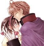  blush brown_eyes brown_hair camus_(suikoden) cape couple eyes_closed female gensou_suikoden gensou_suikoden_ii gloves hairband lowres male nanami nanami_(suikoden) norihe short_hair suikoden suikoden_ii 