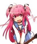  :d angel_beats! demon_tail fang fujisaki_(hjsk) guitar instrument leaning_forward lifeline long_hair open_mouth pink_hair school_uniform smile solo tail two_side_up yui_(angel_beats!) 