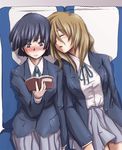  black_eyes black_hair blush book brown_hair extra faith_(sbi) k-on! long_hair multiple_girls reading school_uniform short_hair sitting sleeping sleeping_upright sunahara_yoshimi tachibana_himeko yuri 