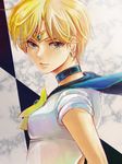  bishoujo_senshi_sailor_moon blonde_hair blue_choker blue_eyes blue_sailor_collar bow choker circlet crescent earrings jewelry looking_back magical_girl sailor_collar sailor_senshi_uniform sailor_uranus saji-saji-saji short_hair smile solo ten'ou_haruka very_short_hair yellow_bow 