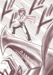  antennae arachnid_(starship_troopers) cape crossover grin kisaragi_ryou_(sougetsu-tei) monochrome pants purple short_hair smile starship_troopers touhou warrior_bug wriggle_nightbug 