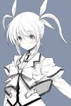  blue_background blush bow bowtie hair_ribbon hiroya_juuren lyrical_nanoha mahou_shoujo_lyrical_nanoha mahou_shoujo_lyrical_nanoha_a's monochrome ribbon school_uniform simple_background smile solo spot_color takamachi_nanoha twintails 