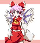  akikaze_shuu bow breasts cosplay detached_sleeves groin hair_bow hair_tubes hakurei_reimu hakurei_reimu_(cosplay) hand_on_hip midriff mystia_lorelei pink_hair purple_eyes short_hair sideboob simple_background small_breasts solo touhou wings 