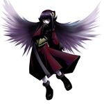  bangs belt black_gloves blunt_bangs boots coat fur gloves green_eyes highres long_hair megami_tensei mou_shobou pixyled purple_hair red_coat solo spiked_hair wings 