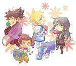  armor bag black_hair blonde_hair blue_eyes boots bracelet brown_eyes brown_hair dog floral_background flynn_scifo jewelry karol_capel knee_boots long_hair male_focus mouth_hold multiple_boys pi-xi-v ponytail raven_(tales) repede smile tales_of_(series) tales_of_vesperia tears yuri_lowell 