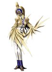  1girl atlus barefoot blue_eyes dark-skinned_female dark_skin dark_skinned_female demon feather feathers female full_body isis isis_(shin_megami_tensei) lipstick makeup persona shin_megami_tensei simple_background solo white_background 