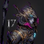  1boy armor au_ra avatar_(ffxiv) black_sclera chris_bjors colored_sclera colored_skin dragoon_(final_fantasy) final_fantasy final_fantasy_xiv full_armor helmet looking_at_viewer male_focus purple_skin scales solo yellow_pupils 