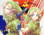  belt blonde_hair blue_eyes earrings hat instrument jewelry link male_focus master_sword multiple_boys ocarina older pointy_ears s1minami sheath sheathed shield smile sword the_legend_of_zelda the_legend_of_zelda:_ocarina_of_time triforce weapon young_link younger 