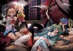  3girls aqua_eyes aqua_hair bad_id bad_pixiv_id blonde_hair blue_hair bracelet breasts curtains dress flower hair_flower hair_ornament hairclip hatsune_miku jewelry kagamine_len kagamine_rin kaito kiseru long_hair lying medium_breasts meiko multiple_boys multiple_girls nishi_(ainshaie) pipe red_eyes red_hair shoes short_hair sideboob sitting smile smoke thighhighs twintails very_long_hair vocaloid window 