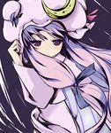  blush bow coo crescent hair_bow hand_on_headwear hat hat_tug highres light_smile long_hair patchouli_knowledge purple_eyes purple_hair robe solo striped touhou wind 