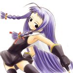  arched_back ayase_yue bell black_gloves black_legwear braid capelet flat_chest gloves hair_bell hair_ornament inaba_fuyuki long_hair mahou_sensei_negima! purple_eyes purple_hair short_hair sleeveless solo thighhighs twin_braids zettai_ryouiki 