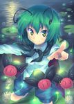  absurdres antennae bug cape fireflies firefly foreshortening frog green_eyes green_hair hands highres insect lily_pad orita_enpitsu pointing short_hair smile solo touhou water wriggle_nightbug 