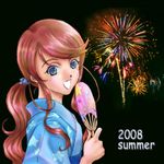  2008 aerial_fireworks blue_eyes fan fireworks freckles gemini_sunrise japanese_clothes kimiarugatame kimono lowres paper_fan ponytail red_hair sakura_taisen sakura_taisen_v smile summer uchiwa upper_body 