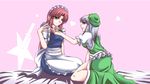  blue_eyes braid chinese_clothes cosplay costume_switch green_eyes hakomaru_(pandora_box) hat hong_meiling izayoi_sakuya long_hair maid maid_headdress multiple_girls red_hair short_hair silver_hair touhou twin_braids 