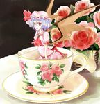  bat_wings blue_hair cup elsewtfst flower hat in_container in_cup minigirl pink_flower pink_rose red_eyes remilia_scarlet rose short_hair solo touhou wings 