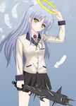  angel_beats! blazer bokusatsu_tenshi_dokuro-chan club commentary_request crossover excalibolg grey_hair halo jacket parody school_uniform skirt solo spiked_club tamago_kago tenshi_(angel_beats!) weapon yellow_eyes 