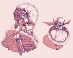  ascot boots cross-laced_footwear dress frilled_dress frilled_sleeves frills hand_to_own_mouth hat mary_janes massun multiple_girls one_eye_closed parasol perspective remilia_scarlet shoes simple_background sketch touhou umbrella yakumo_yukari 