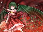  ascot aw bad_id bad_pixiv_id bat_wings card closed_umbrella dutch_angle fence flower green_hair holding holding_card kazami_yuuka one_eye_closed plaid plaid_skirt plaid_vest red_eyes red_flower red_rose rose shaded_face short_hair skirt skirt_set solo touhou umbrella vest wings 
