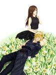  1girl au belt blonde_hair brown_eyes brown_hair cloud_strife couple final_fantasy final_fantasy_vii final_fantasy_vii_advent_children flower gloves hetero long_hair short_hair sleeping tifa_lockhart 