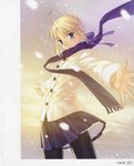  absurdres ahoge artoria_pendragon_(all) blonde_hair blue_scarf fate/stay_night fate_(series) highres pantyhose ribbon saber scan scarf skirt snow solo takeuchi_takashi 