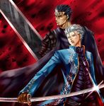  armor berserk berserker_armor black_armor black_hair blue_eyes brown_eyes crossover devil_may_cry dragonslayer_(sword) guts katana m.u.g.e.n male_focus multiple_boys nagare one_eye_closed sword vergil weapon white_hair yamato_(sword) 